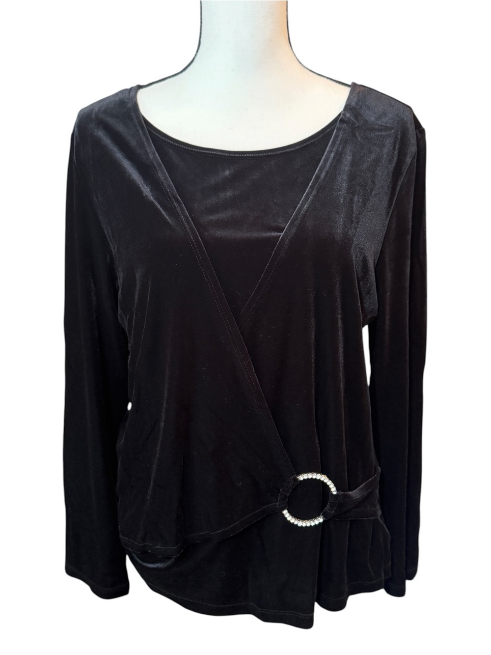 Notations Long Sleeve Faux Wrap Velvet Top with Rhinestone Accent, size L